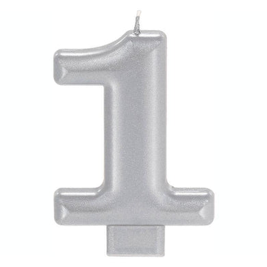 Metallic Silver Number 1 Candle - 8cm - The Base Warehouse