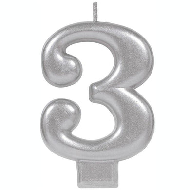 Metallic Silver Number 3 Candle - 8cm - The Base Warehouse