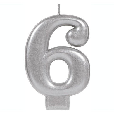 Metallic Silver Number 6 Candle - 8cm - The Base Warehouse