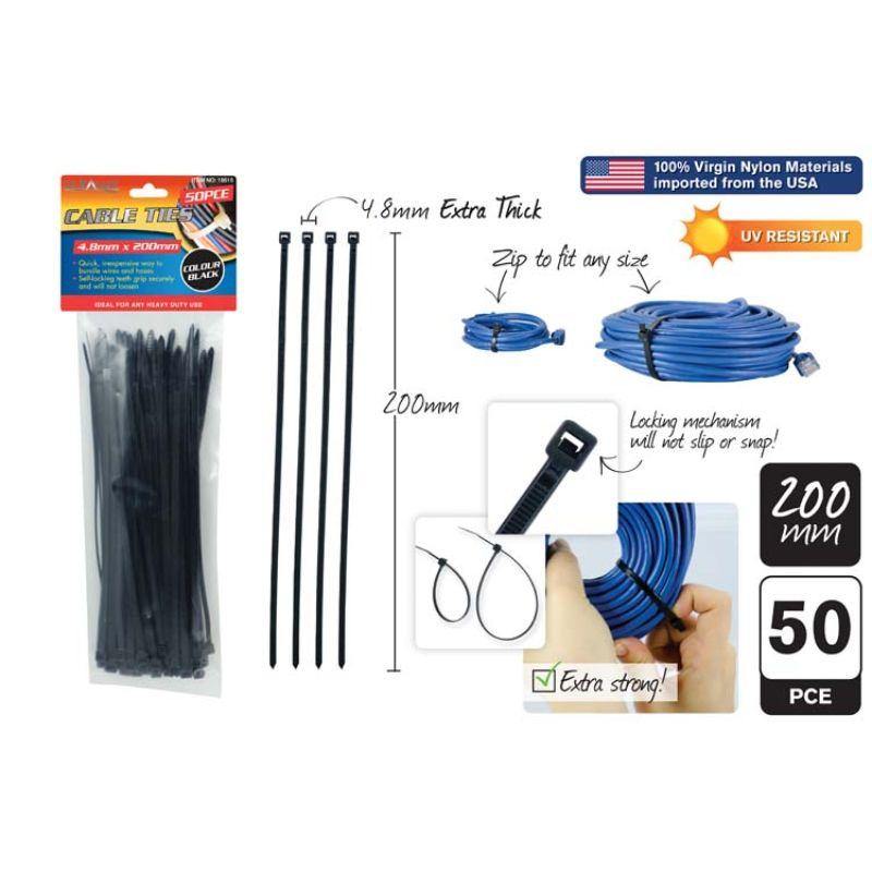 50 Pack Black Cable Ties - 4.8mm x 200mm - The Base Warehouse