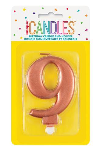 Metallic Rose Gold Birthday Candle - #9 - The Base Warehouse