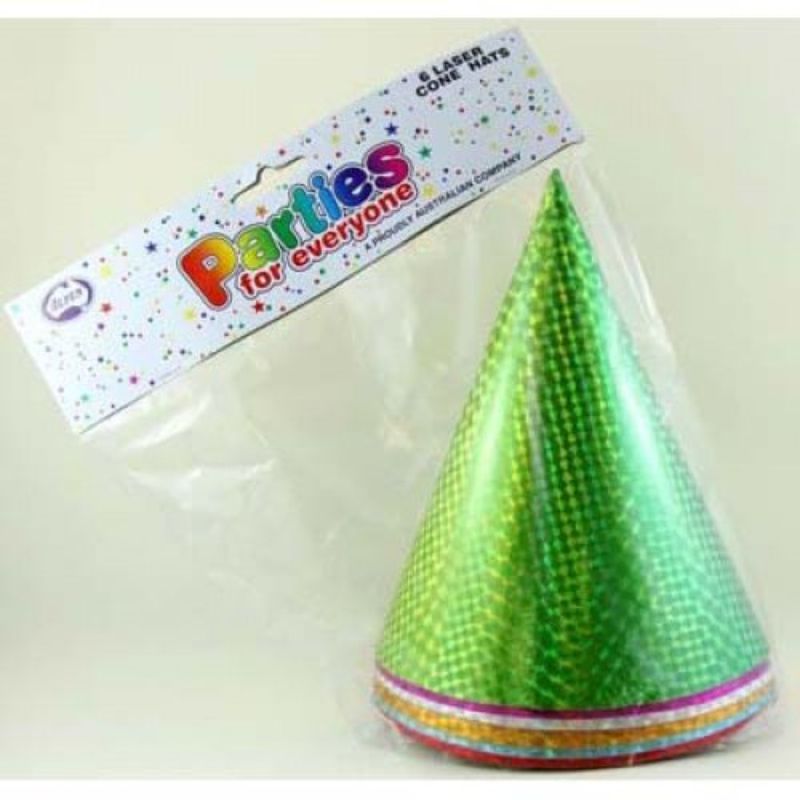 6 Pack Multi Colour Laser Foil Cone Hats