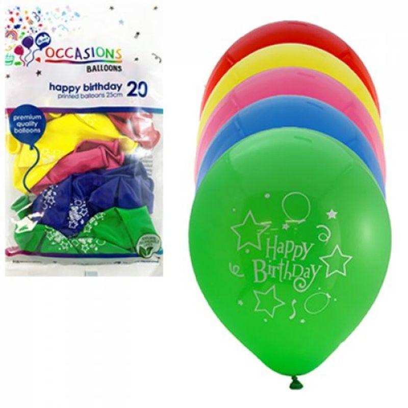 20 Pack Happy Birthday Printed Mixed Latex Balloons - 25cm