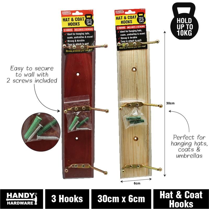 Woodboard with 3 Metal Hooks - 30cm x 6cm