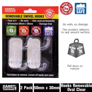 2 Pack Clear Oval Removable Hooks - 50mm x 30mm - The Base Warehouse