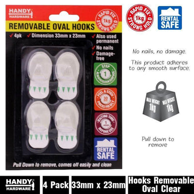 4 Pack Removable Clear Oval Hooks - 33mm x 23mm - The Base Warehouse