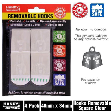 4 Pack Clear Removable Hooks - 4cm x 3.4cm - The Base Warehouse