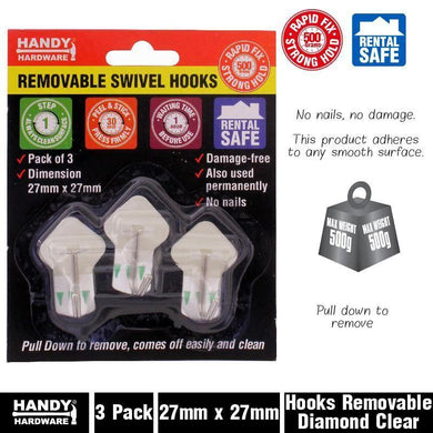3 Pack Removable Clear Diamond Hooks - 27mm x 27mm - The Base Warehouse