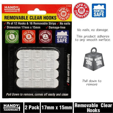 12 Pack Removable Clear Hooks - 17mm x 15mm - The Base Warehouse