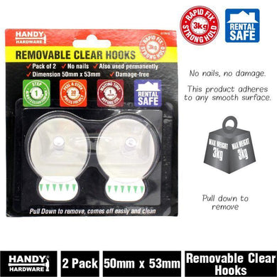 2 Pack Clear Removable Hooks - 50mm x 53mm - The Base Warehouse