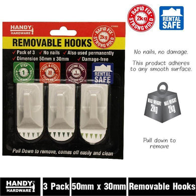 3 Pack Removable Hooks - 5cm x 3cm - The Base Warehouse
