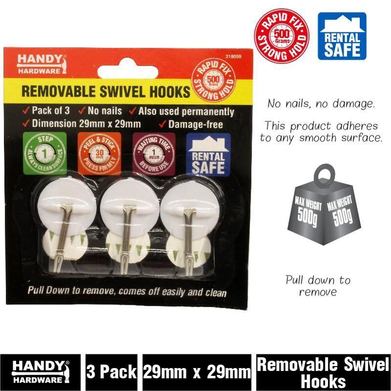 3 Pack Removable Round Hooks - 2.7cm