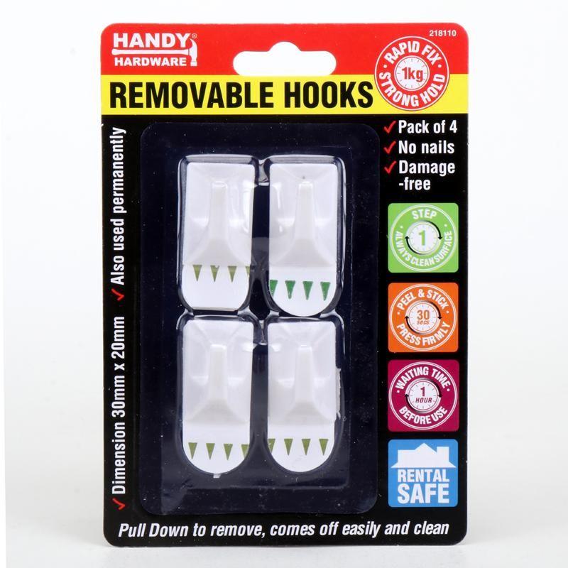 4 Pack Removable Plastic Hooks - 30mm x 20mm