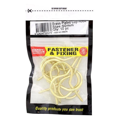 10 Pack Bag of Brass Plated Cup Hooks - 50mm - The Base Warehouse