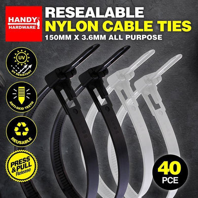 40 Pack Releasable Nylon Cable Ties - 150mm x 3.6mm - The Base Warehouse