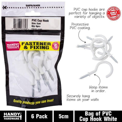 6 Pack PVC White Cup Hook - 5cm - The Base Warehouse