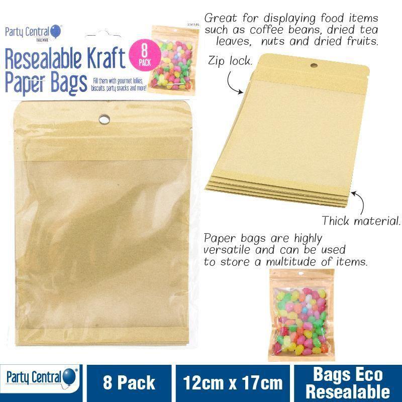 8 Pack Eco Resealable Kraft Bags - 12cm x 17cm