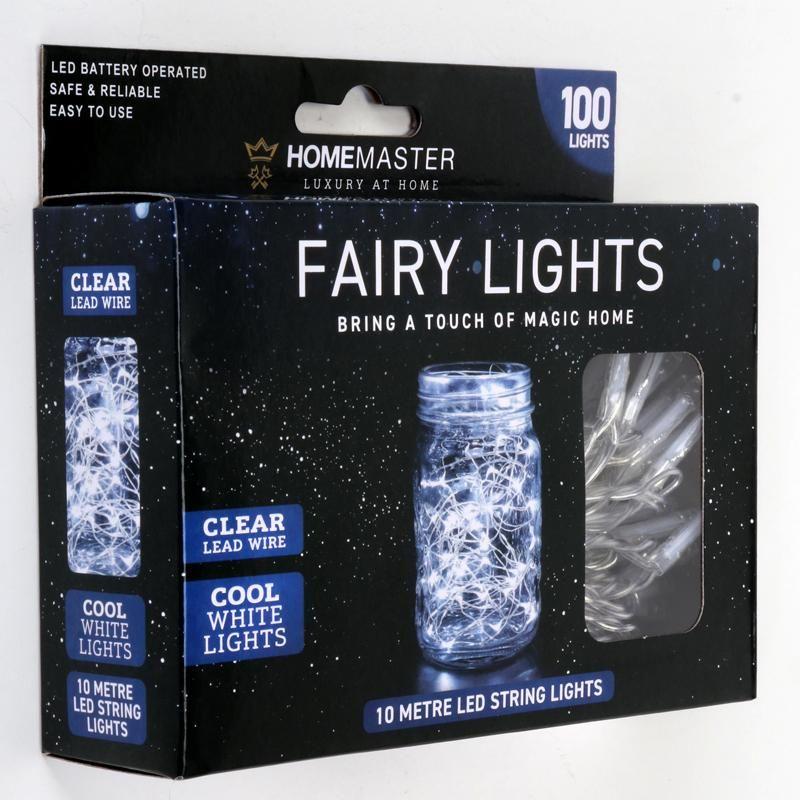 100 Cool White Clear Wire Fairy Lights Battery Operated - 10m