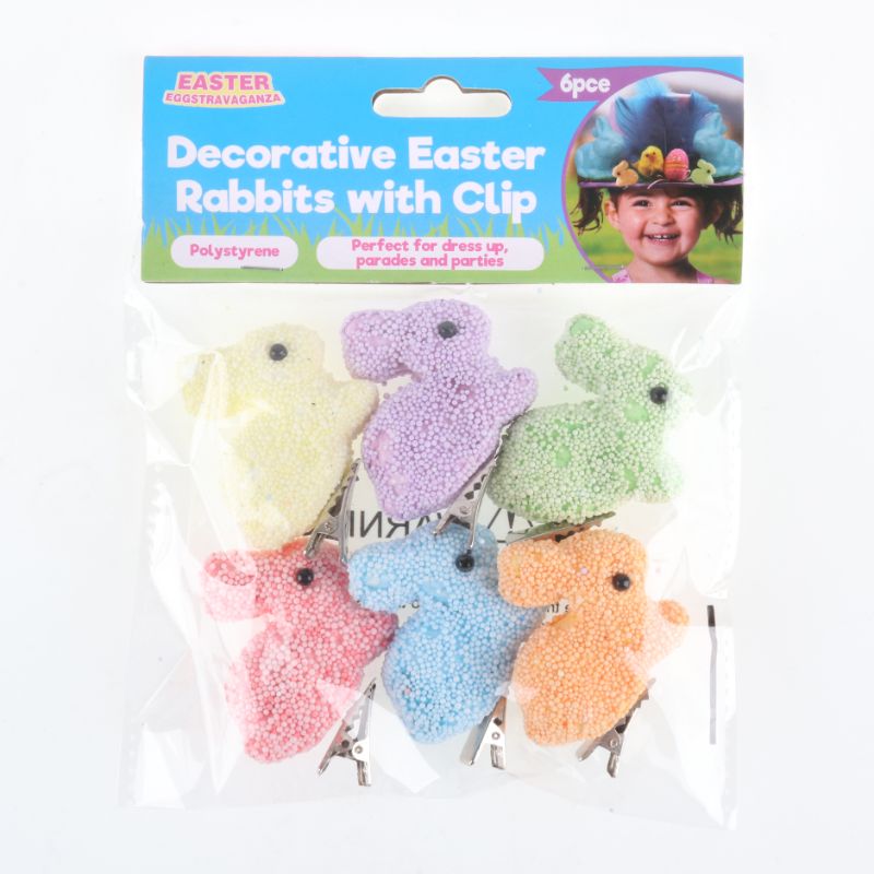 6 Pack Polystyrene Decorative Easter Rabbit with Clip - 5cm x 3.5cm