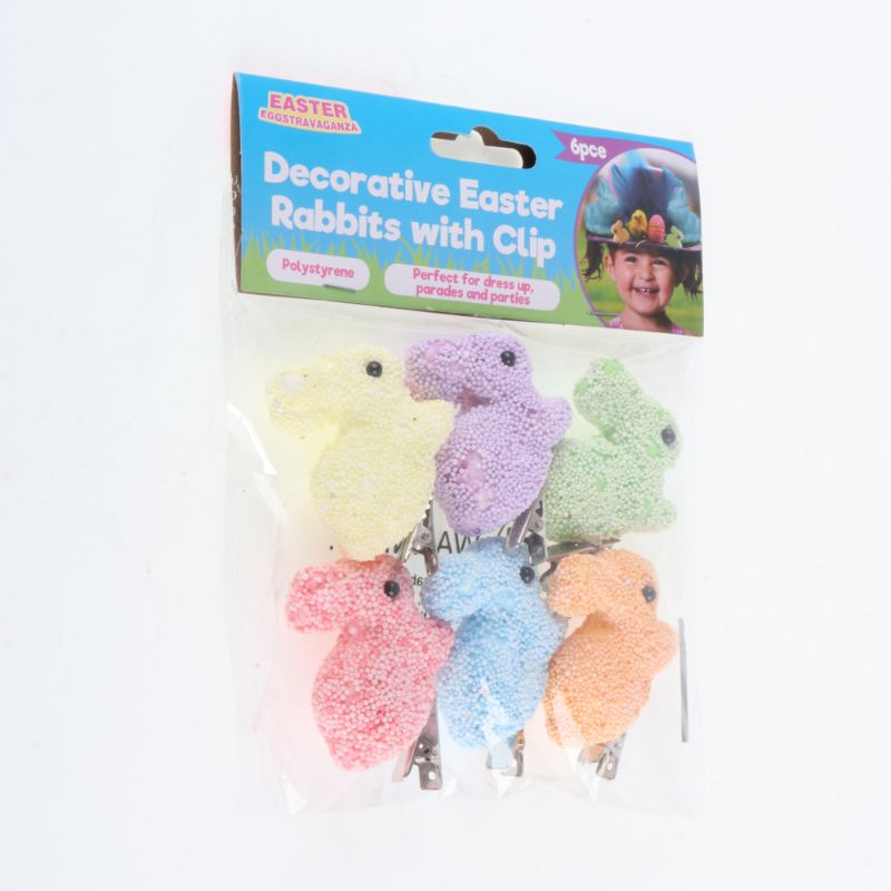 6 Pack Polystyrene Decorative Easter Rabbit with Clip - 5cm x 3.5cm