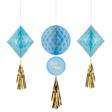 3 Pack Baby Shower Boy Honeycomb Hanging Decorations - The Base Warehouse
