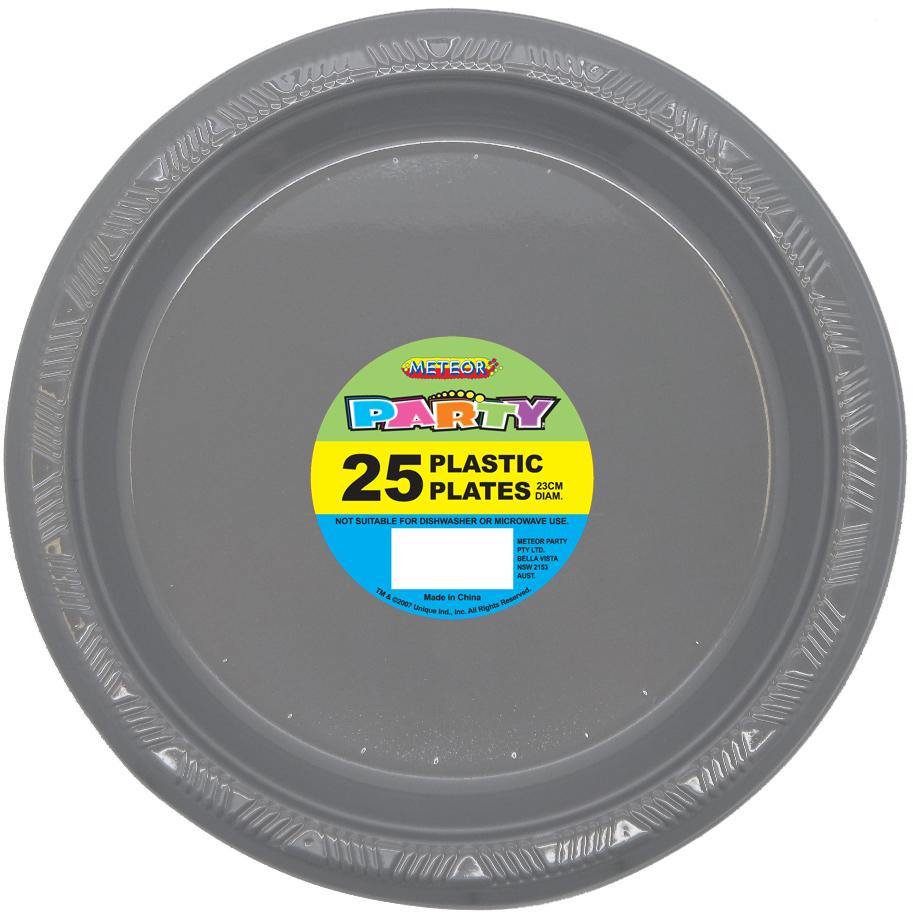 25 Pack Silver Plastic Plates - 23cm - The Base Warehouse