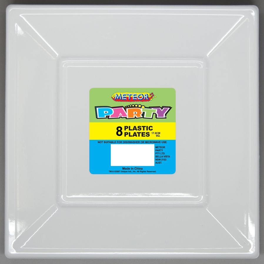 8 Pack Bright White Square Plastic Plates - 18cm - The Base Warehouse