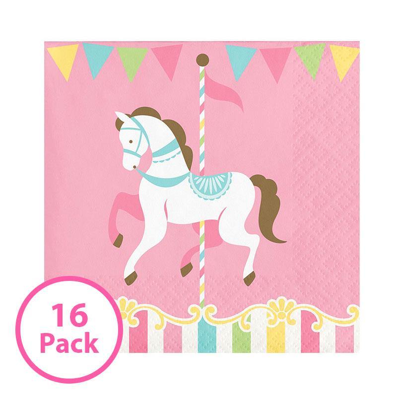 16 Pack â Pink Carousel Small Beverage Napkins - The Base Warehouse