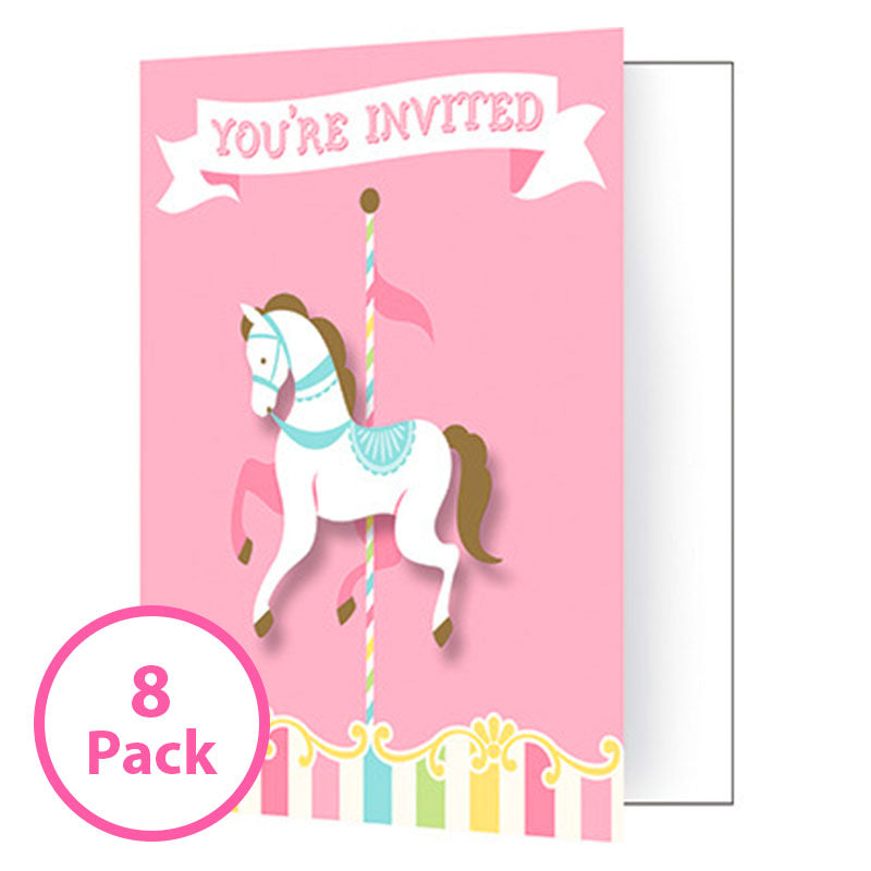 8 Pack Pink Carousel Invitations