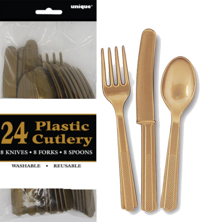24 Pack Gold Assorted Cutlery - 8 Knives 8 Forks 8 Spoons