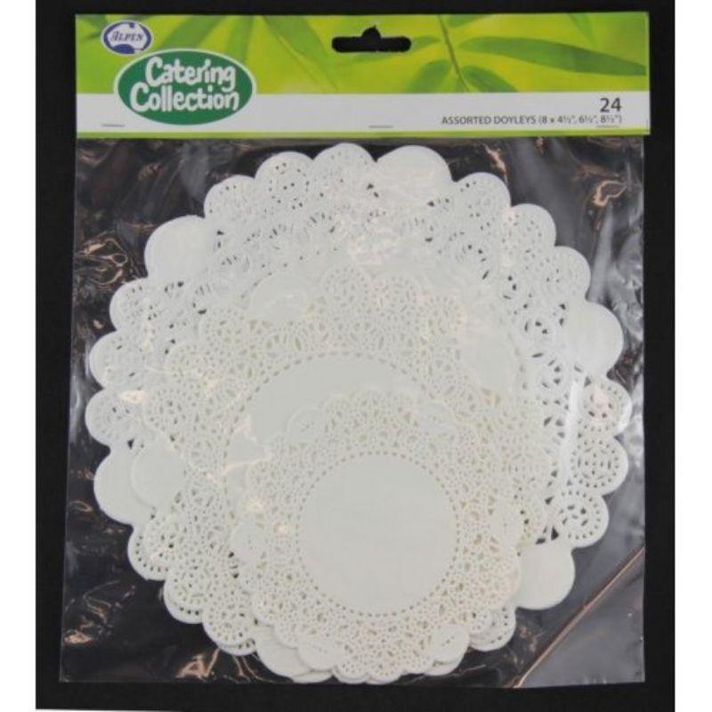 24 Pack Assorted Size White Doilies - 8 x 11.4cm, 16.5cm, 21.5cm