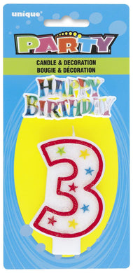 Red Numeral 3 Candle with Happy Birthday Cake Decoration - The Base Warehouse