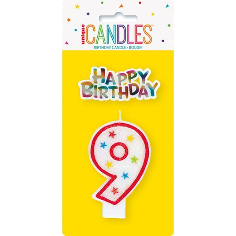 Numeral Candle With Happy Birthday Cake Topper - 9 - The Base Warehouse