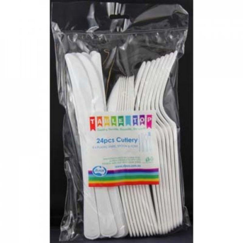 24 Pack White Cutlery Set - 8 x Knives, Forks & Spoons - The Base Warehouse