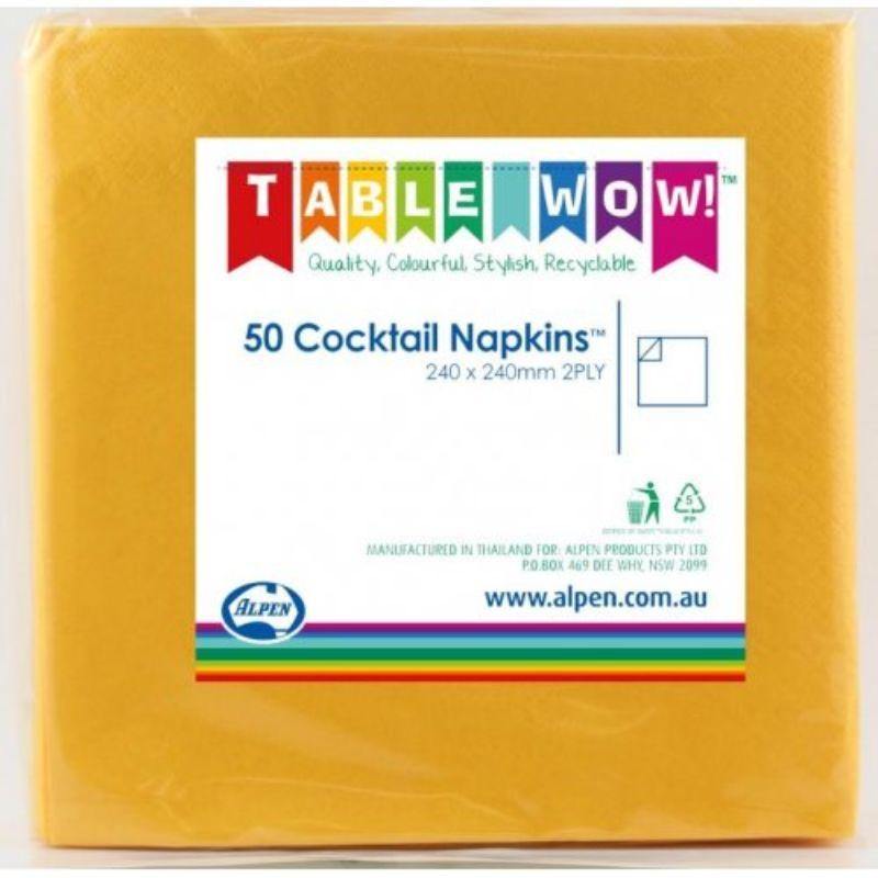 50 Pack Yellow Cocktail Napkins - 24cm x 24cm - The Base Warehouse