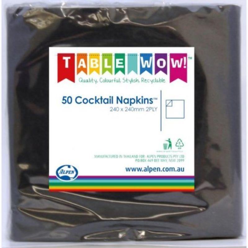 50 Pack Black Cocktail Napkins - 24cm x 24cm - The Base Warehouse
