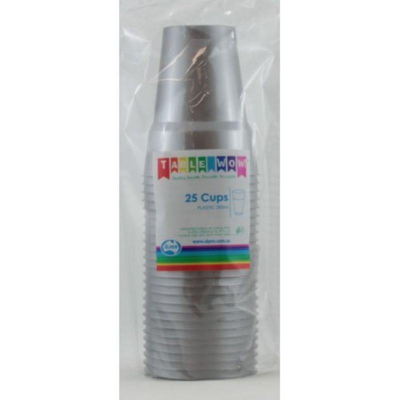 25 Pack Silver Plastic Cups - 285ml - The Base Warehouse