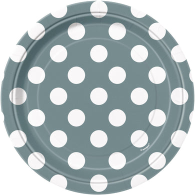 8 Pack Silver Dots Paper Plates - 18cm - The Base Warehouse