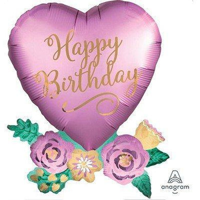 SuperShape Birthday Satin Heart with Flowers Foil Balloon - 58cm x 76cm - The Base Warehouse