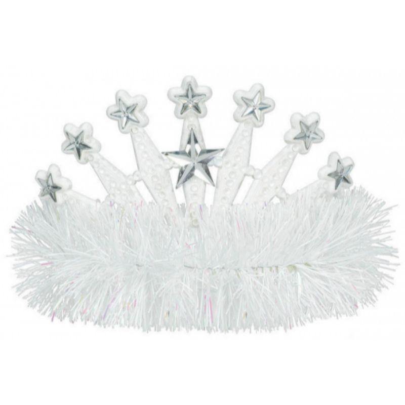 White Plastic Tiara with Tinsel - 10cm x 13cm