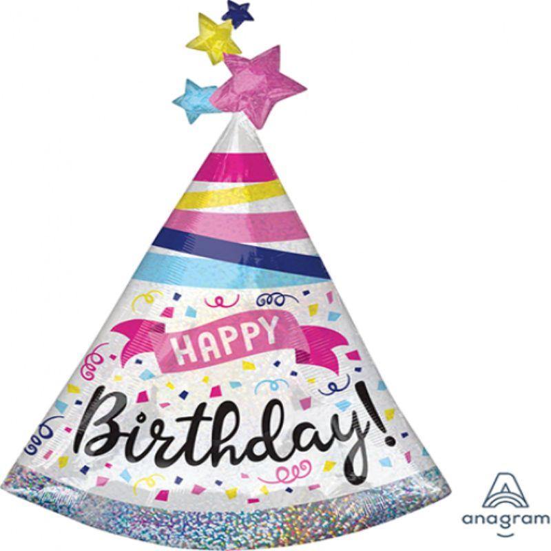 Holographic HBD Sparkle Hat Foil Balloon - 68cm x 91cm - The Base Warehouse