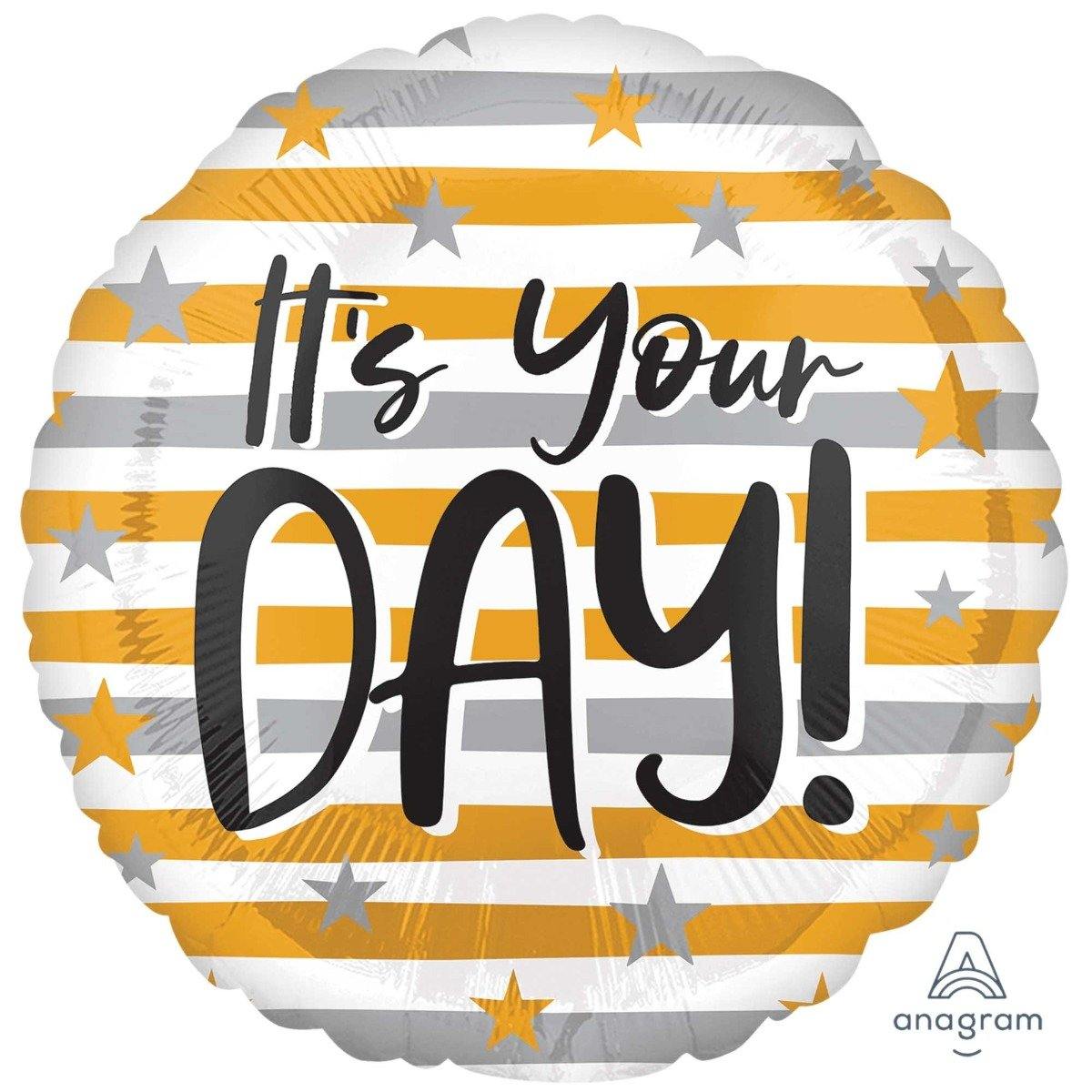 Gold & Silver Stripe Its Your Day Round Foil Balloon - 45cm - The Base Warehouse