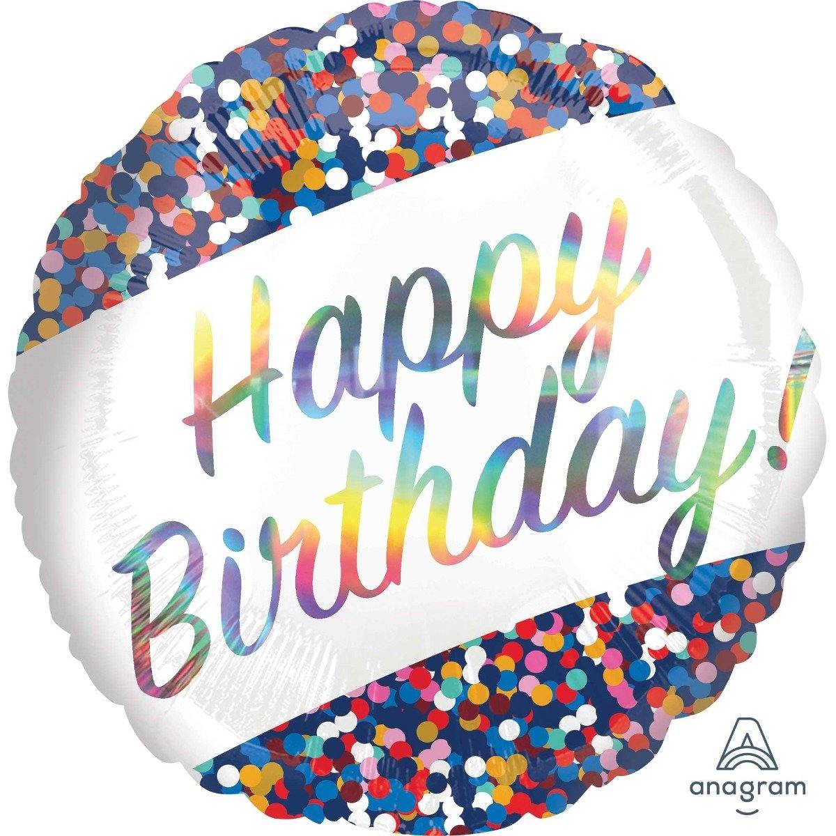 Iridescent HBD Confetti Round Foil Balloon - 45cm - The Base Warehouse