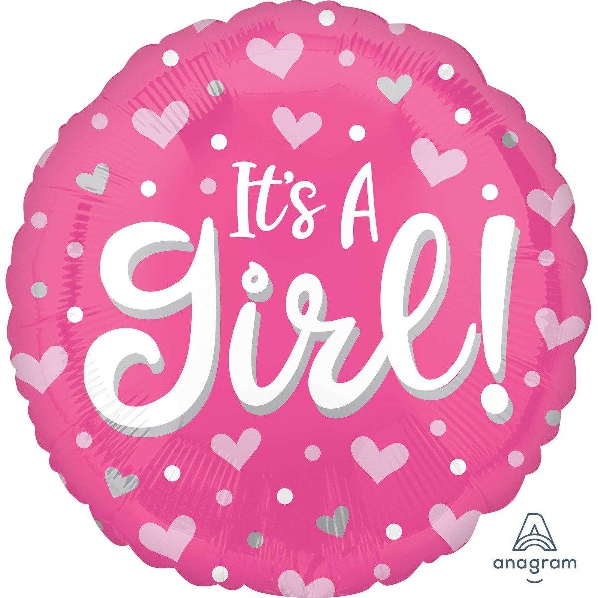 Its a Girl Heart & Dot Round Foil Balloon - 45cm - The Base Warehouse