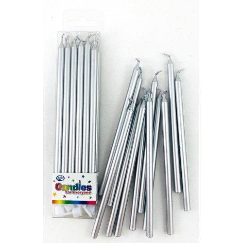 12 Pack Silver Metallic Slim Candles with Holders - 12cm - The Base Warehouse