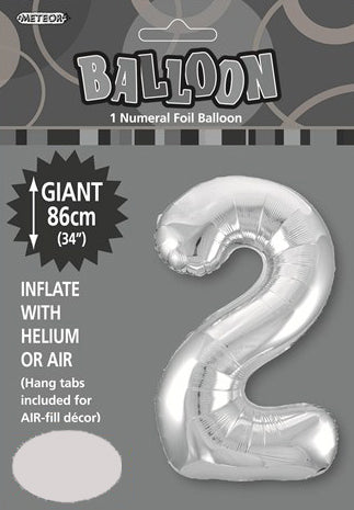 Silver Numeral 2 Foil Balloon - 86cm