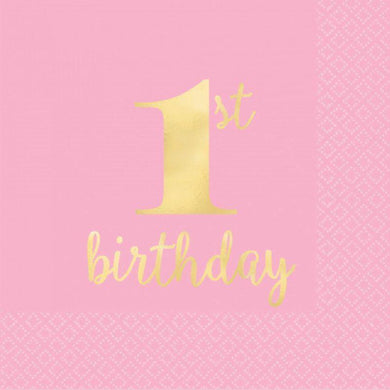 18 Pack 1st Birthday Pink Bverage Napkins - 25cm x 25cm - The Base Warehouse