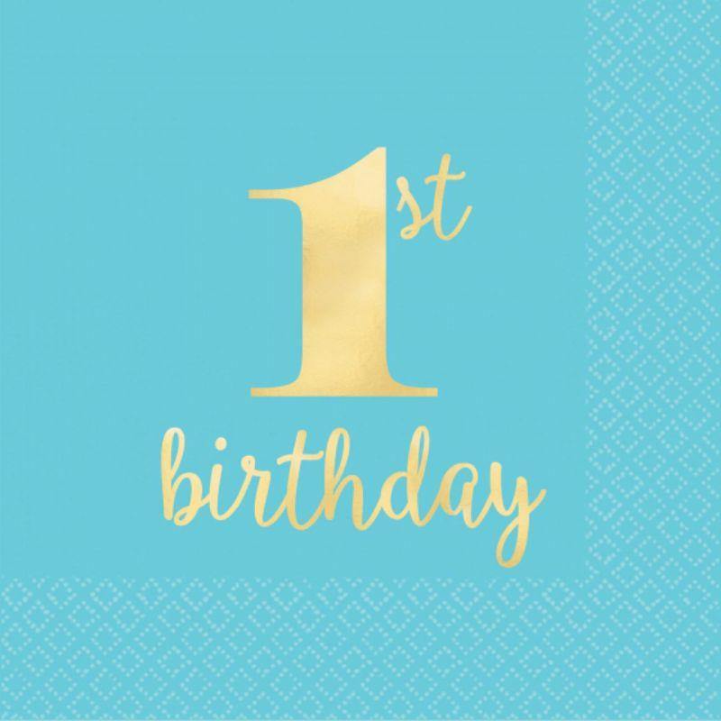 16 Pack 1st Birthday Blue Beverage Napkins - 25cm x 25cm - The Base Warehouse