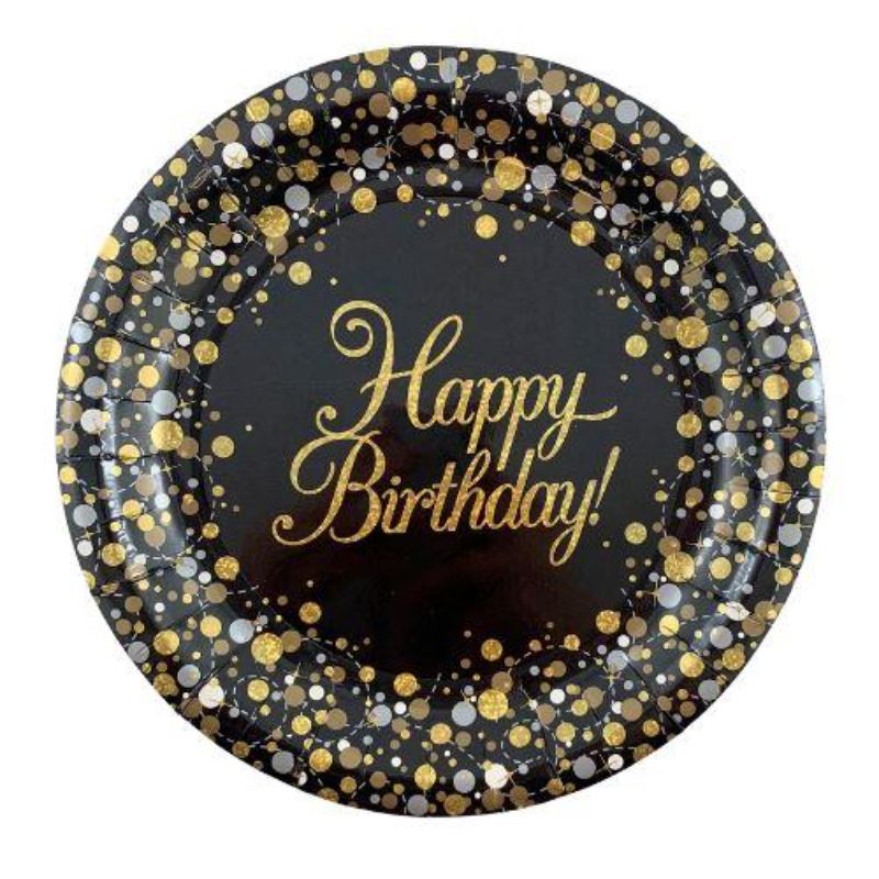 8 Pack Sparkling Fizz Black Gold Happy birthday Paper Plates - 23cm