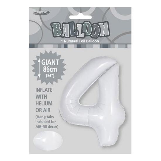 White Number 4 Foil Balloon - 86cm